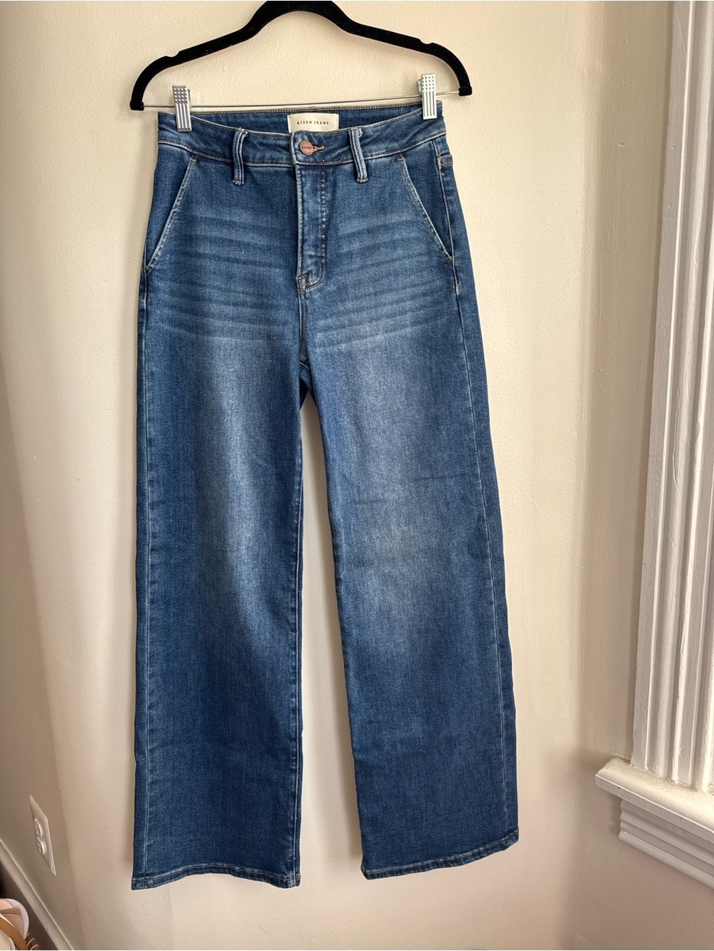 Risen Wide-Leg Mid-Rise Denim Jeans in Blue